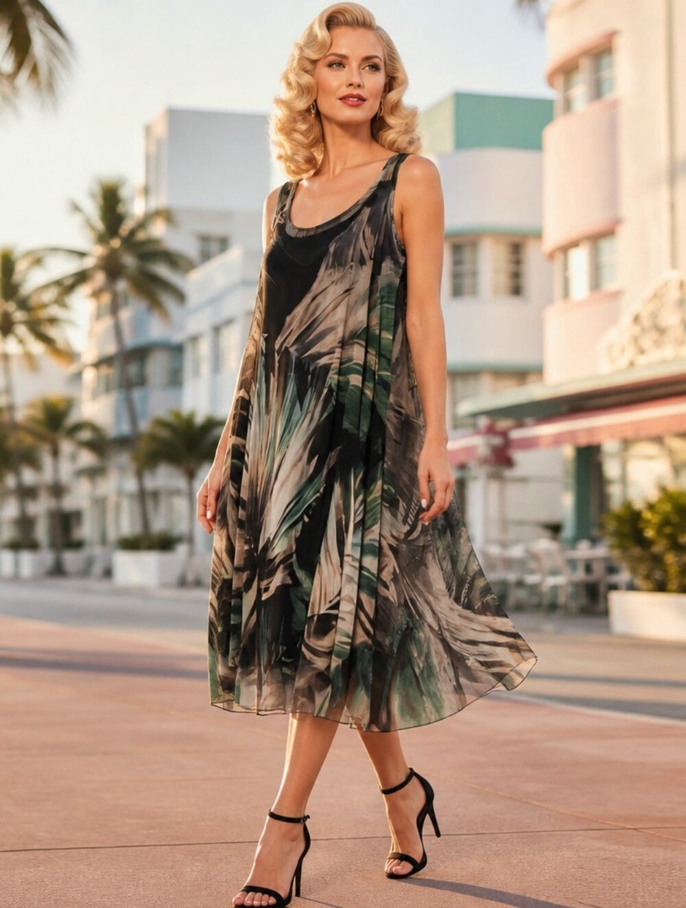 Viviana Sleeveless Maxi Dress in Black and Green Leaf Print